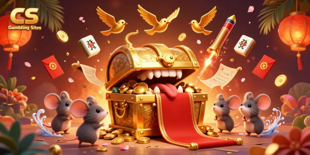 Engaging scene of adventurer mice lured by CS Gambling Sites treasure chest with vibrant game elements.