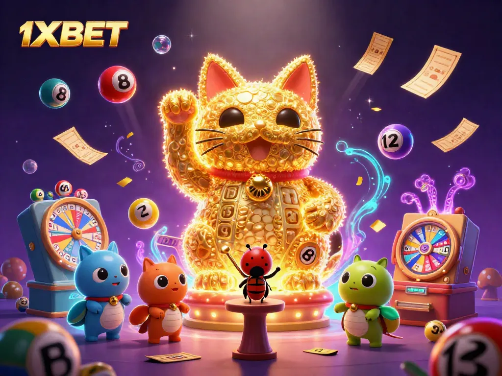 Engage with 1XBET's vibrant lucky cat and exciting casino symbols in a dynamic gaming illustration.