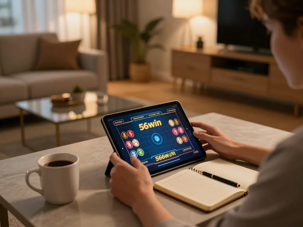 Player enjoying 56win gaming experience on tablet with notebooks and warm lighting in a cozy home.