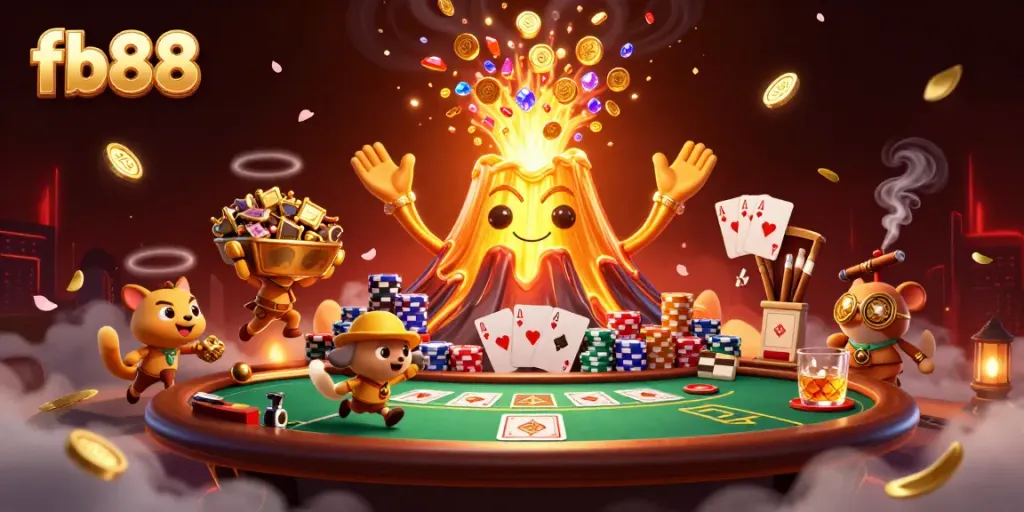 Engage with fb88's thrilling gaming experience as golden treasures erupt, highlighted by a vibrant casino backdrop.