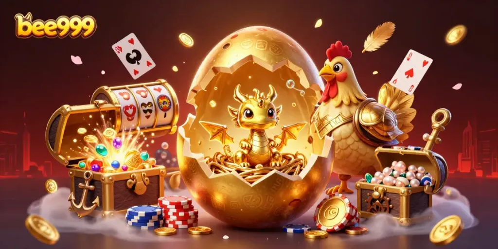 Watch the baby dragon emerge from the golden egg surrounded by poker chips in bee999's vibrant casino scene