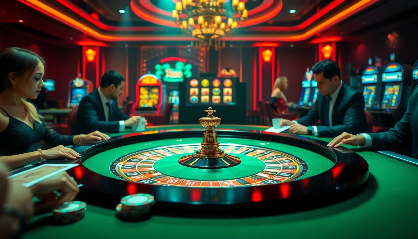Players enjoying the thrill of RR88 casino games with luxury atmosphere and vibrant roulette table.