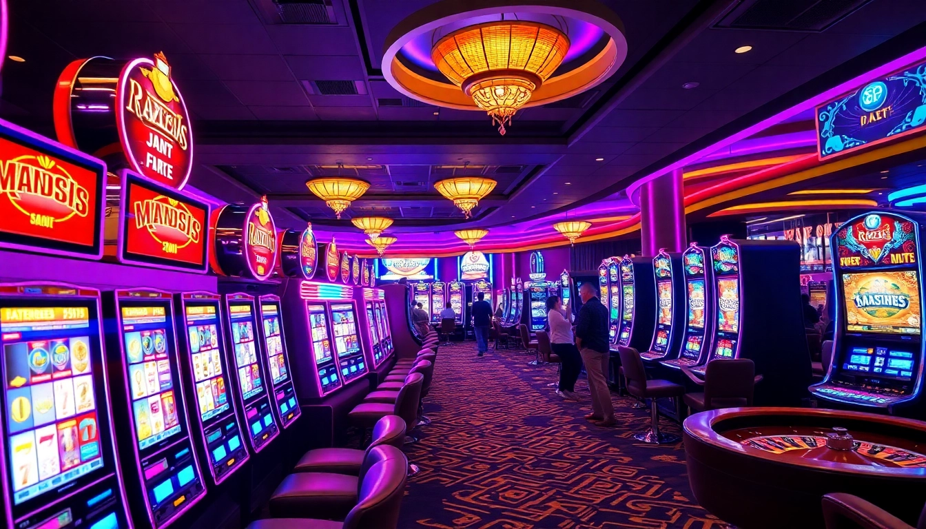 Excited players enjoying vibrant slot machines in a luxurious casino setting.