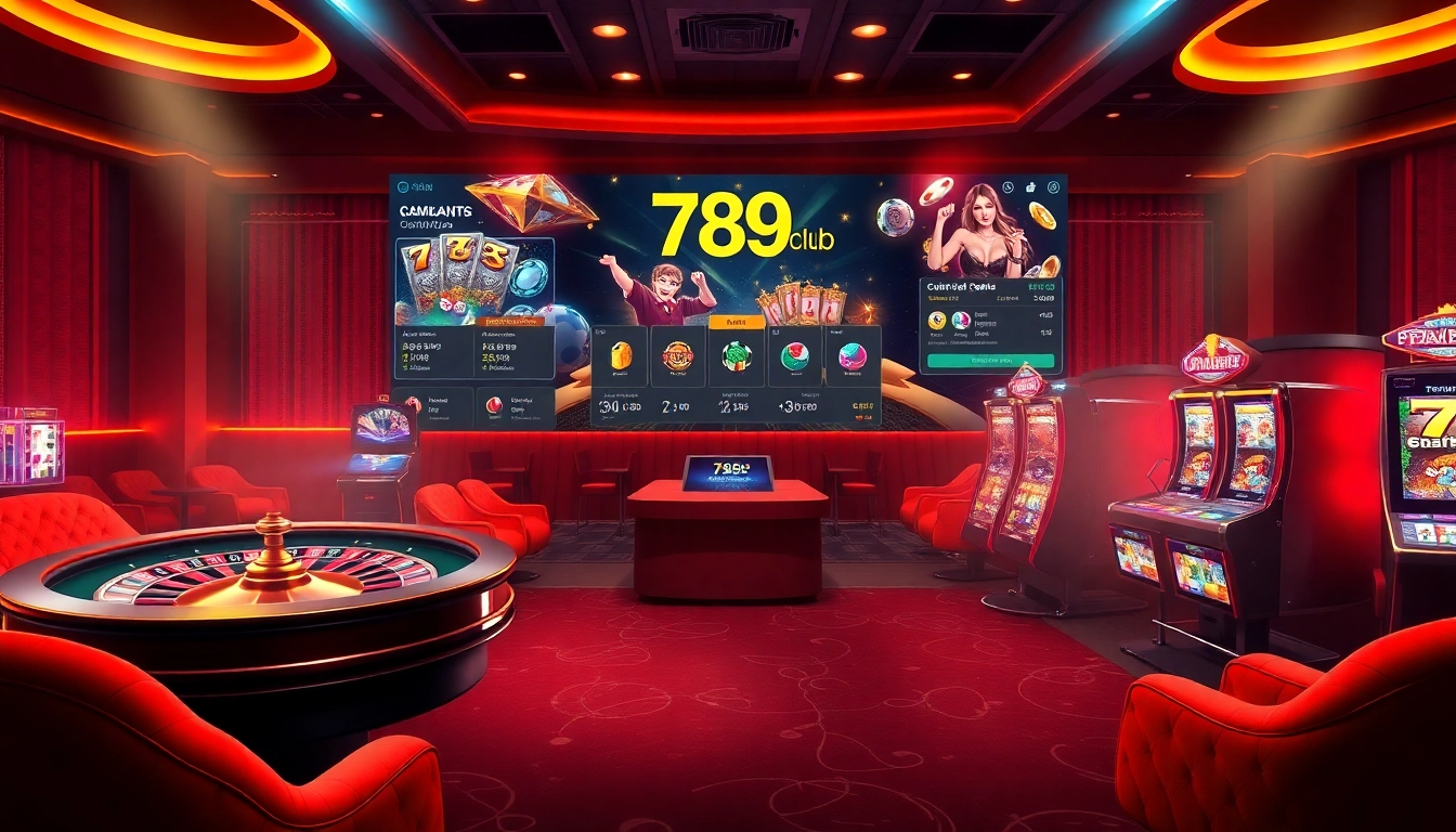 Engage with the thrilling ambiance of 789club, featuring roulette, poker chips, and slot machines.