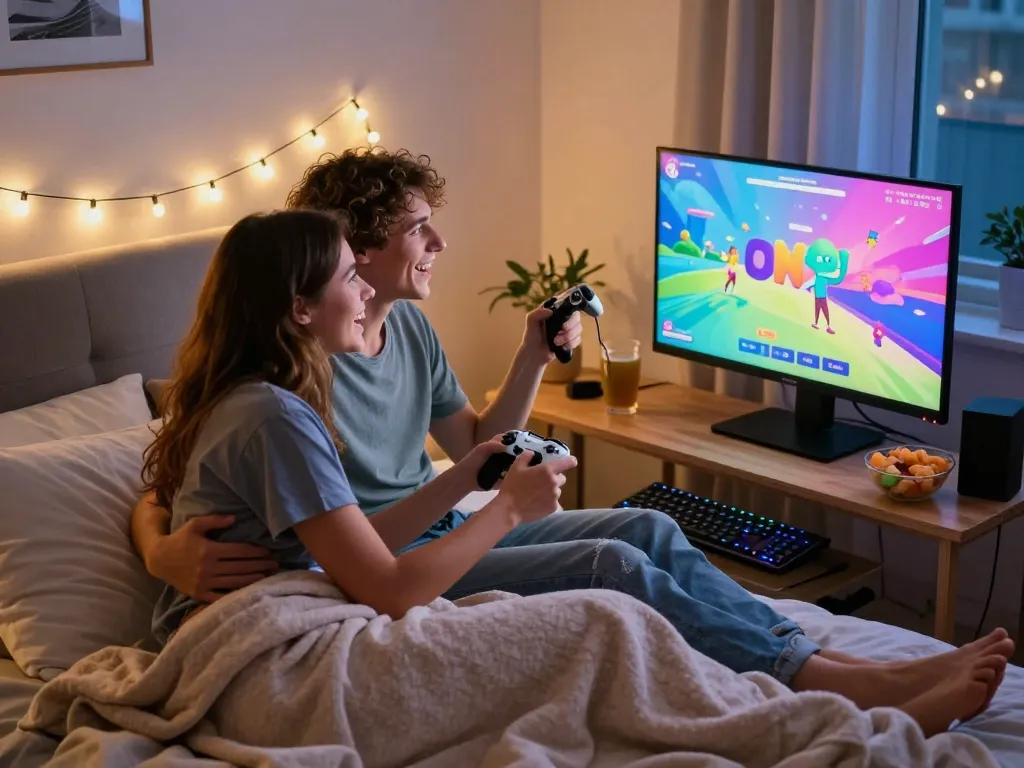 Couple enjoying multiplayer porngame on a cozy bed with vibrant ambiance