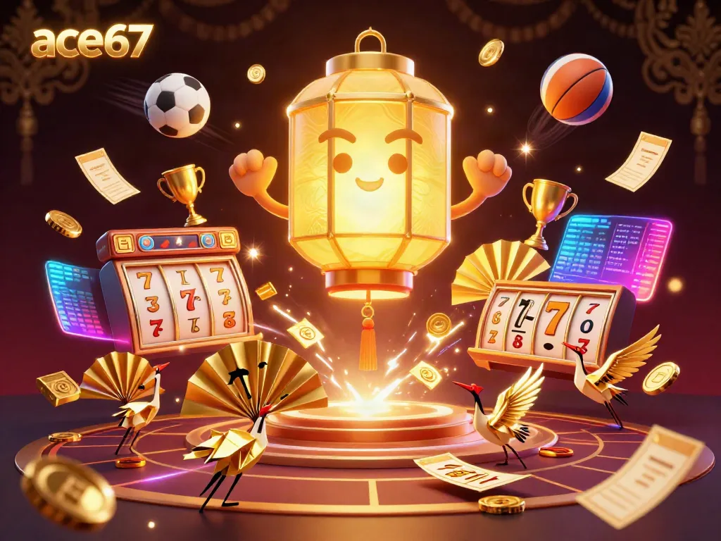 Experience the vibrant world of ace67 with a rich 3D illustration of gaming elements, lucky symbols, and animated characters.