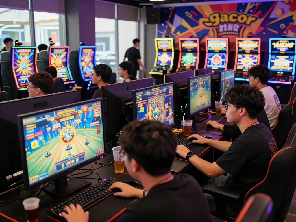 Engaged players enjoying slot gacor games in a vibrant gaming lounge atmosphere.