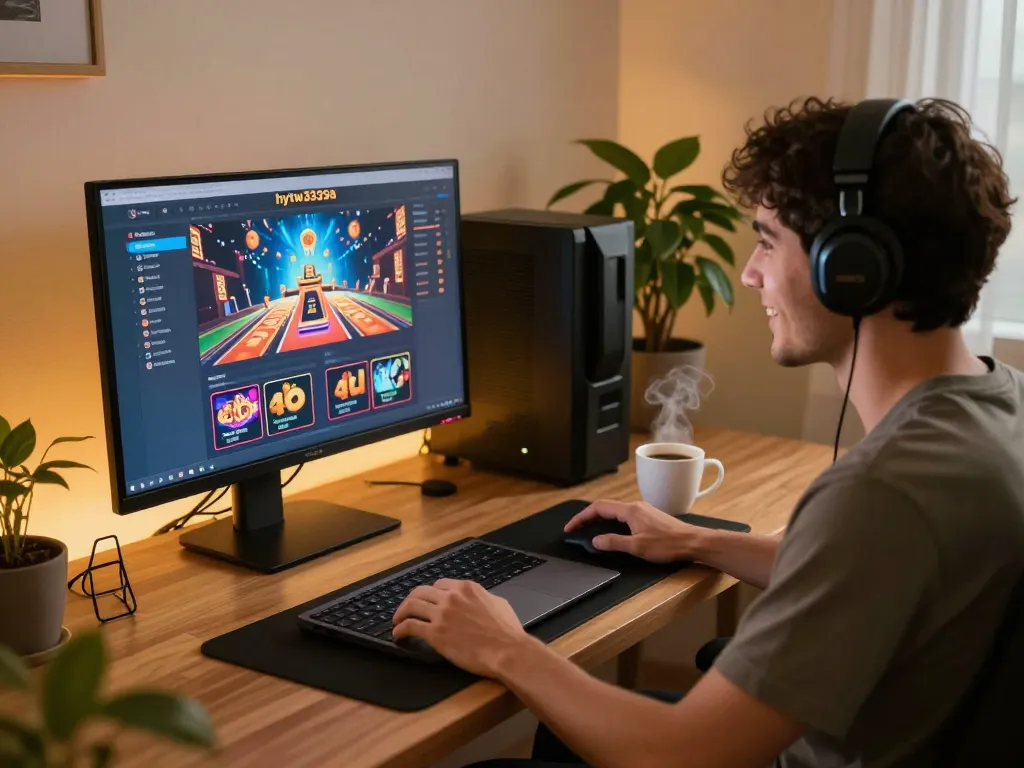Player engaging with the hytw3339a online casino platform in a cozy home setting