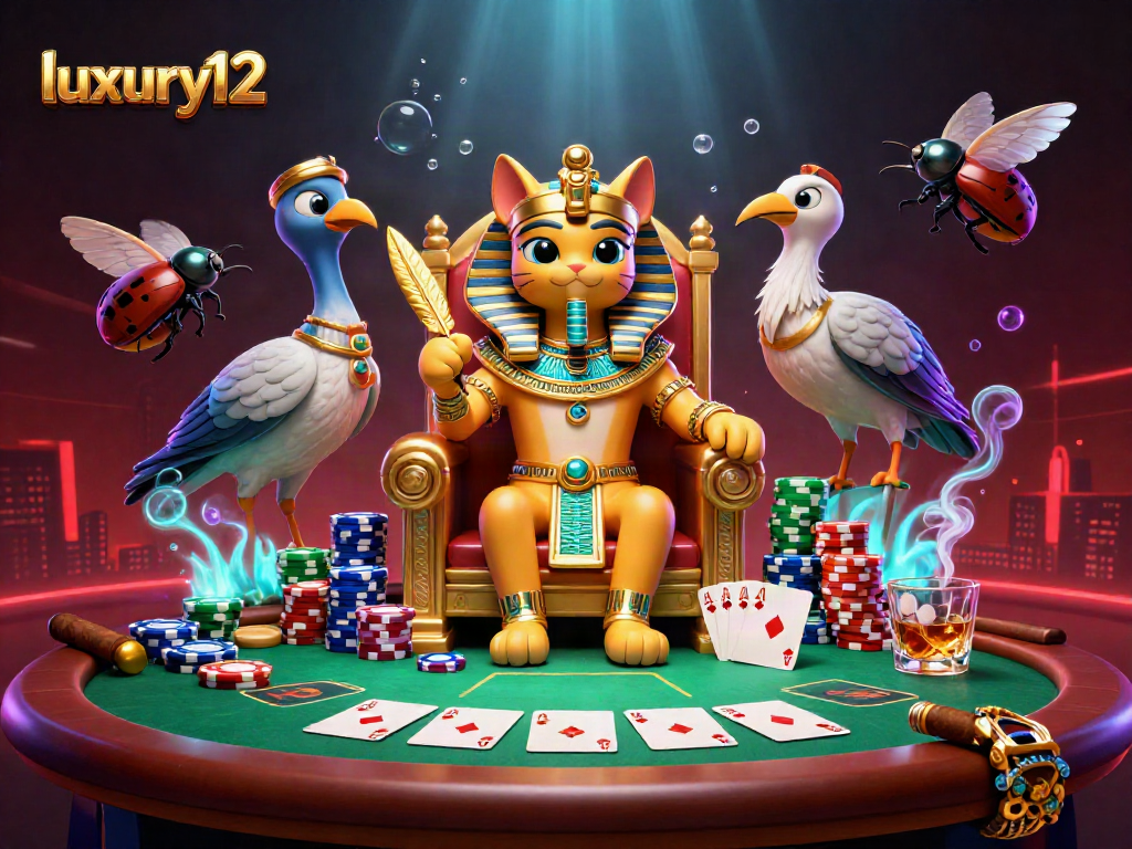 Luxury12 showcases an engaging poker scene with an Egyptian pharaoh cat and vibrant casino elements.