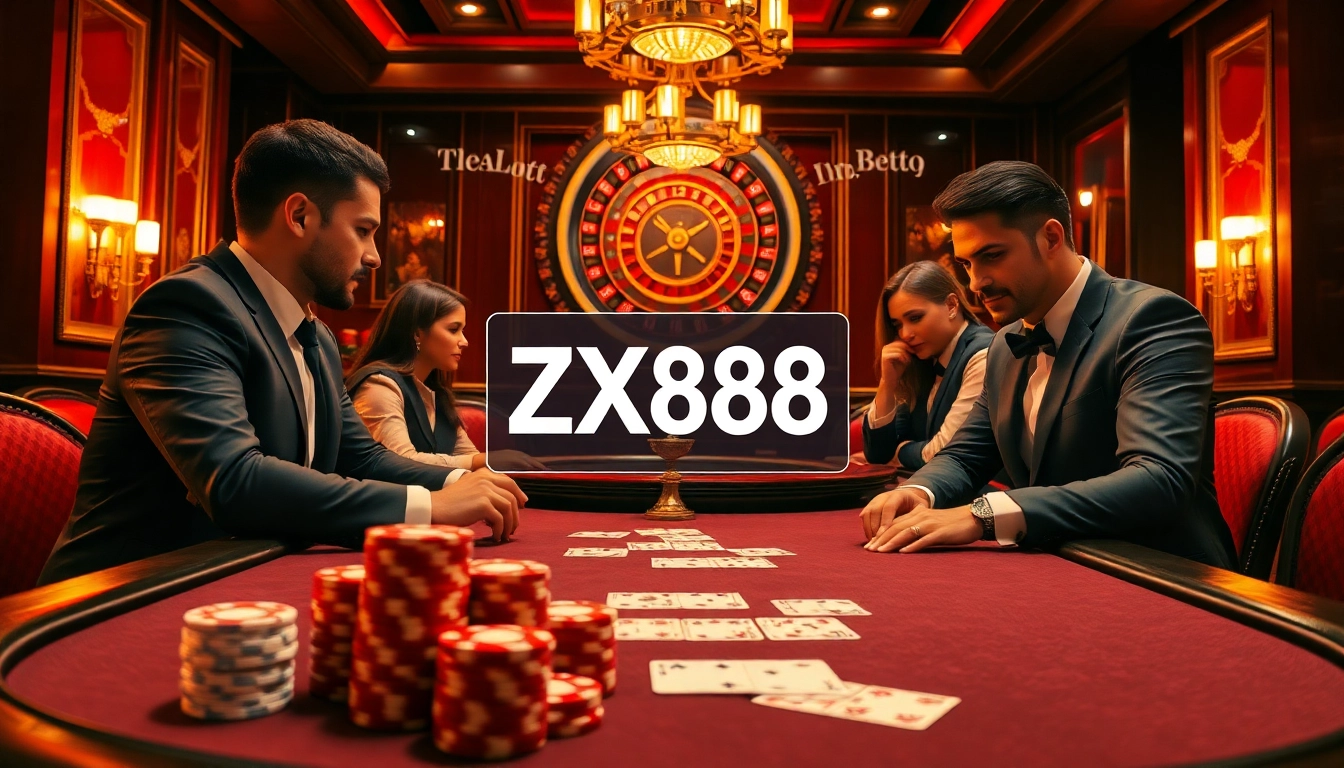 Engaged players at a poker table, showcasing excitement and strategy while betting on ZX88.Casino atmosphere.
