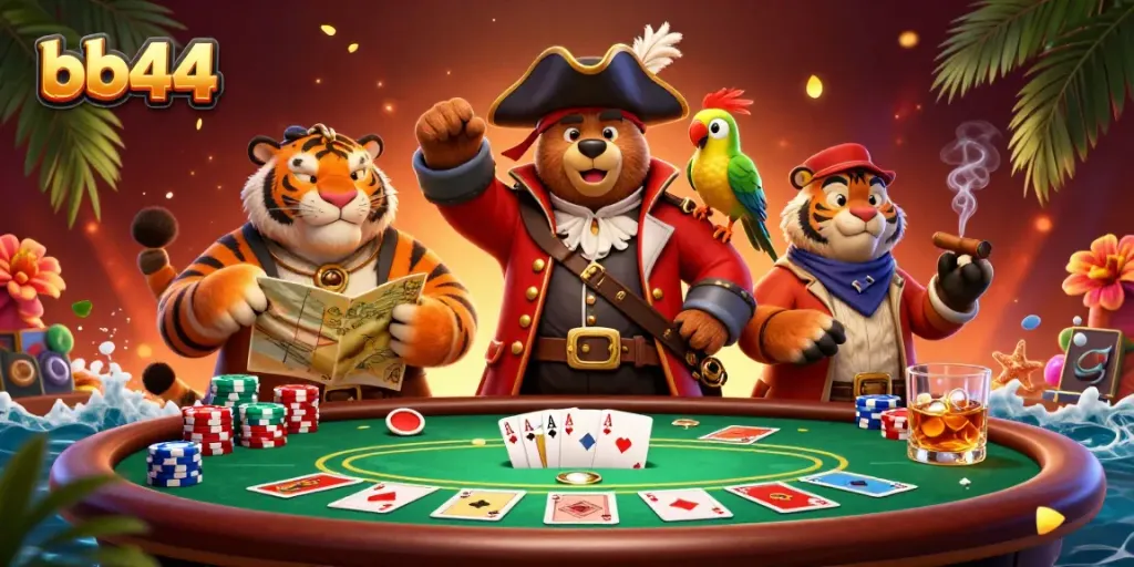 Engage in thrilling poker play with bb44's pirate-themed casino scene featuring a bear, tiger, and parrot.