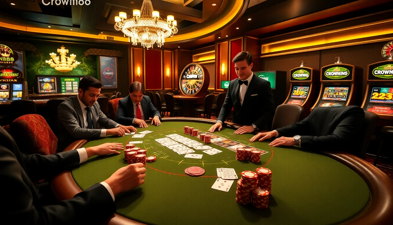 Crown88 poker table with players, chips, and glamorous casino ambiance.