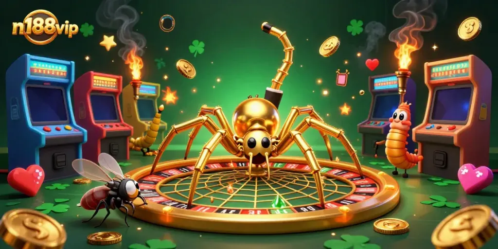 Engage with n188vip's vibrant casino games through an energetic illustration set in a colorful 3D world.