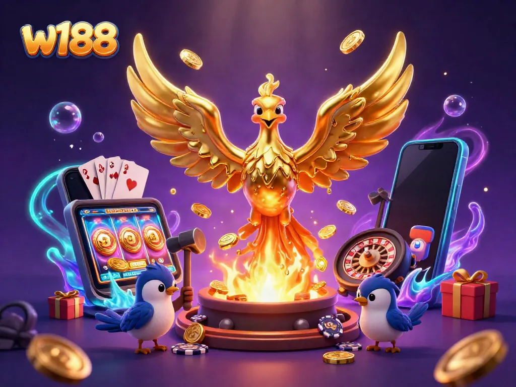 Experience the thrilling w188 gaming universe with a molten metal phoenix and colorful slot games.