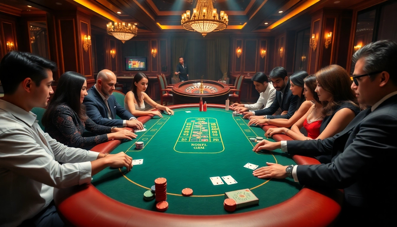 Exciting gamebai action at a luxurious casino table with players and poker chips.