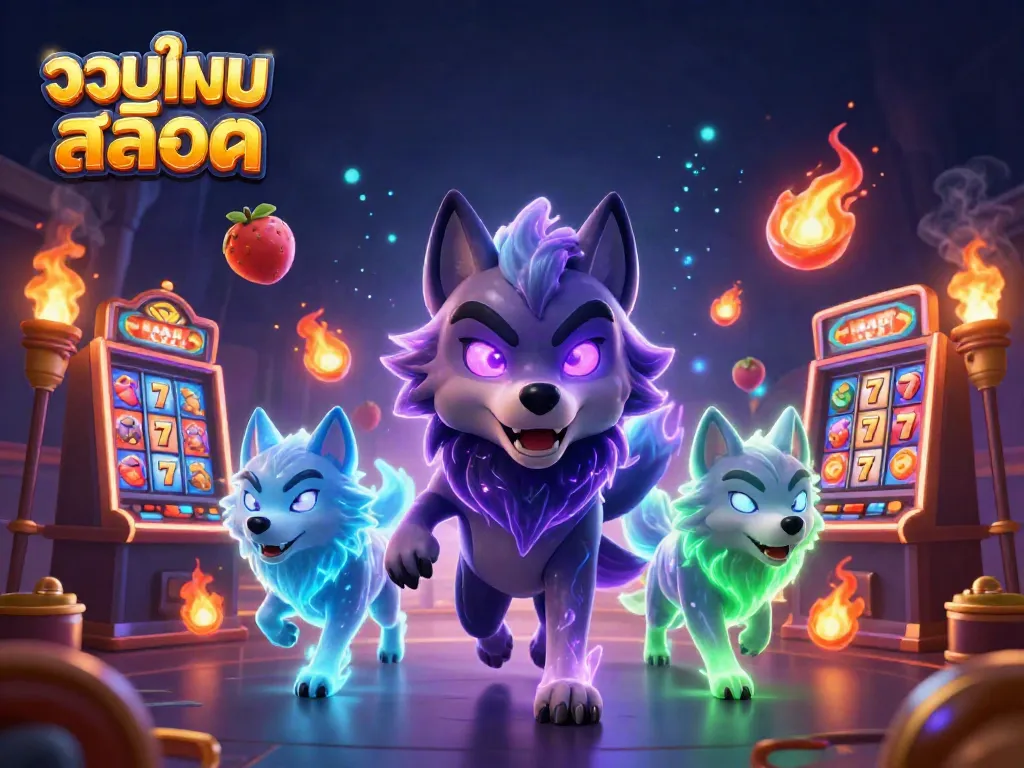 Engage with รวมเกมสล็อต as a cartoon shadow wolf leads others around vibrant slot machines and ghostly flames.