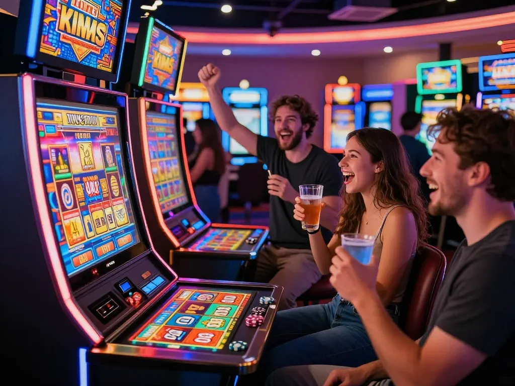 Exciting group playing link slot machines in a vibrant casino.