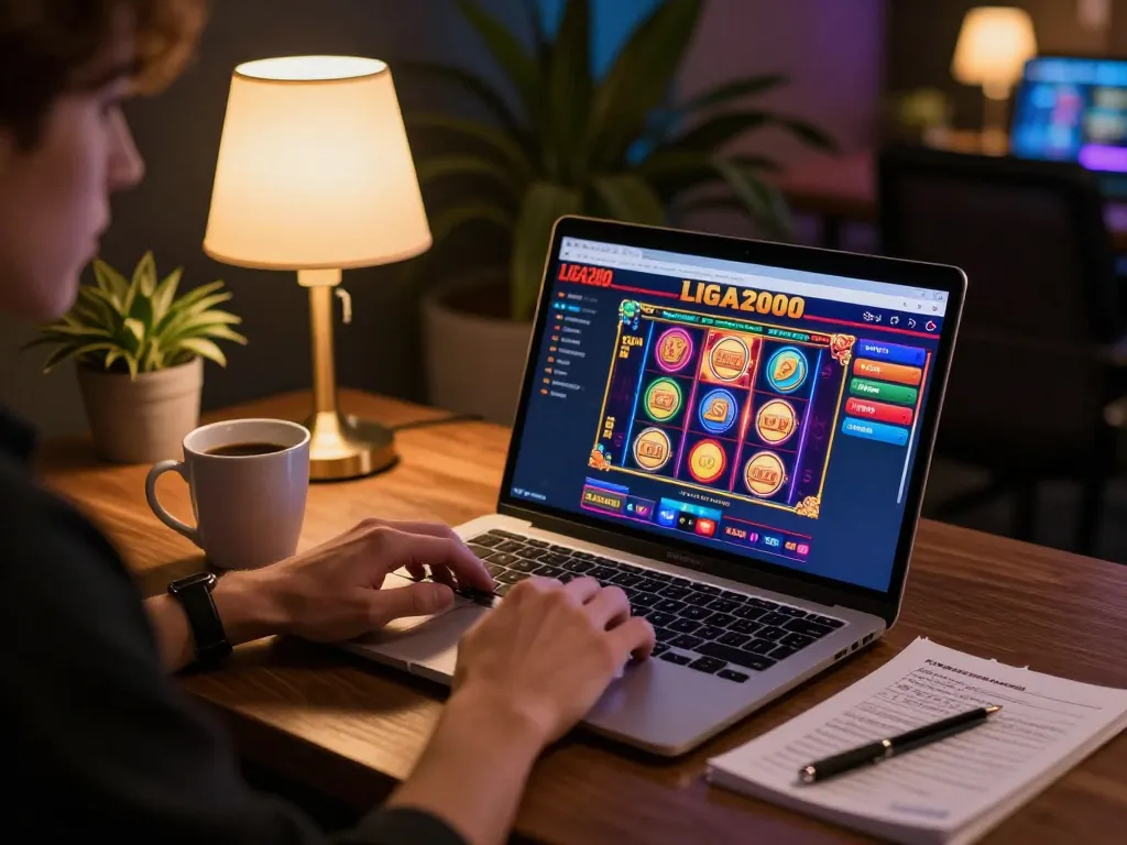 LIGA2000 screen showing a thrilling online casino game while a player enjoys coffee in a cozy environment.