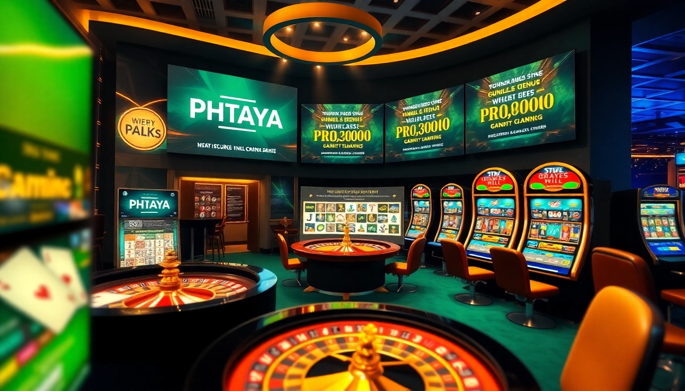 PHTAYA offers thrilling online gaming, featuring poker cards and a roulette wheel in an upscale casino setting.