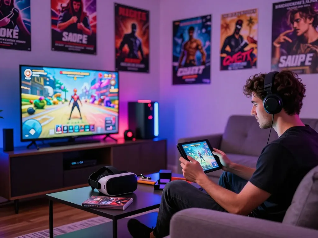 Engaged gamer enjoying a sex game on a tablet in a cozy living room.