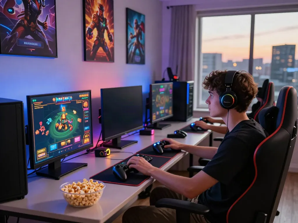 A gaming setup featuring akunjp online slot game, colorful monitors, and vibrant RGB lighting.