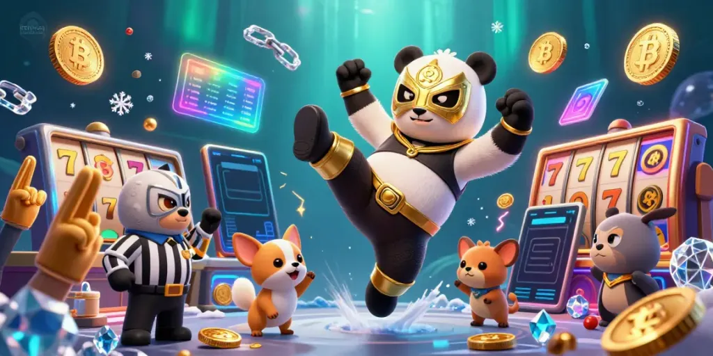 Permainan slot gacor di coloksg dengan panda pegulat dan penonton heboh.