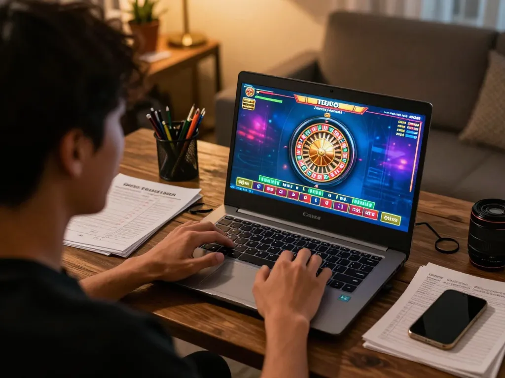 Scene permainan situs toto menampilkan pemain yang terlibat memasang taruhan secara online, menampilkan antarmuka permainan yang menarik.