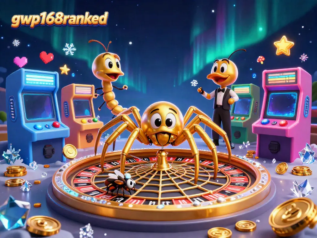 Gambarkan taruhan seru dengan gwp168ranked dalam ilustrasi kasino 3D yang menampilkan laba-laba emas dan croupier centipede.