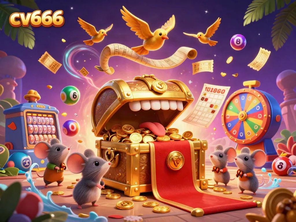 Experience thrilling gameplay at cv666 with an ultra-detailed illustration of a treasure chest and game elements.
