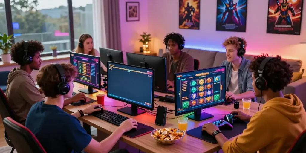 A diverse group enjoying a multiplayer akunjp gaming experience in a cozy living room setting.