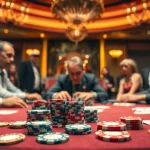 Engaged players strategizing in an intense poker game with vibrant setting and ambiant lighting.