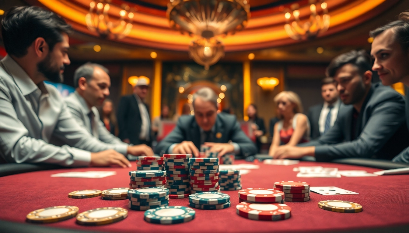 Engaged players strategizing in an intense poker game with vibrant setting and ambiant lighting.