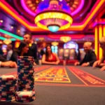 Engage in the thrill of Blackjack Casino with players at a vibrant table surrounded by an elegant setting.