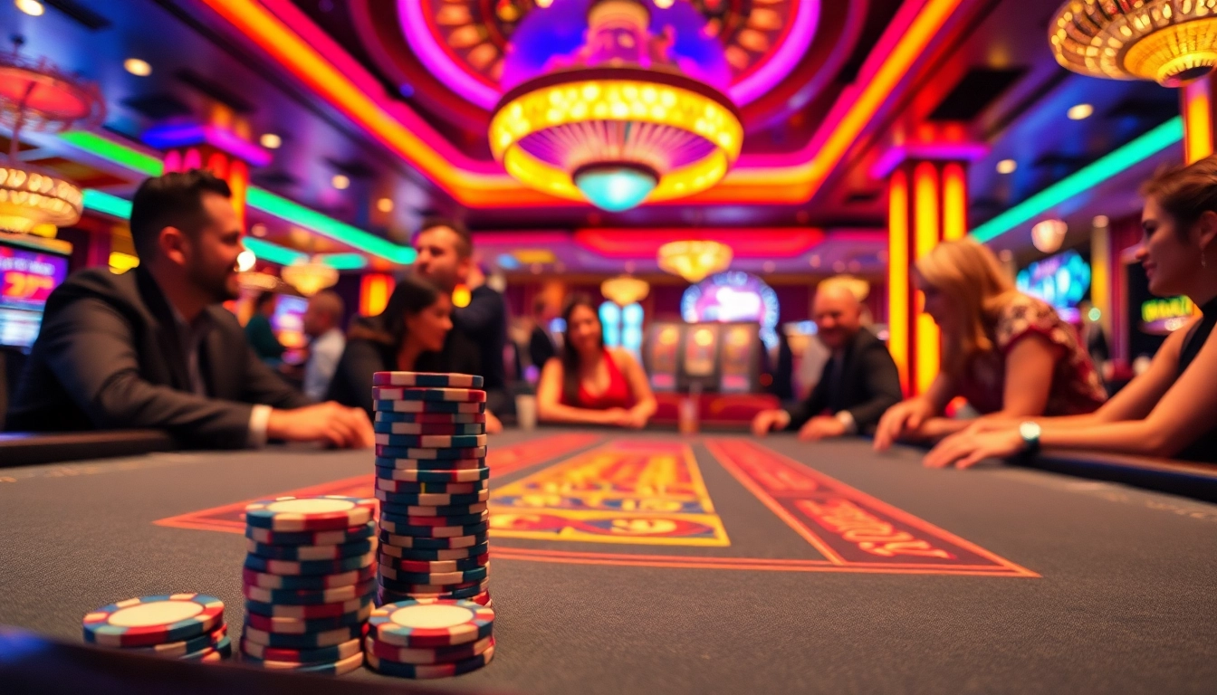 Engage in the thrill of Blackjack Casino with players at a vibrant table surrounded by an elegant setting.