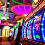 Permainan Slot Game yang menarik dengan gulungan berwarna-warni dan suasana kasino yang hidup.