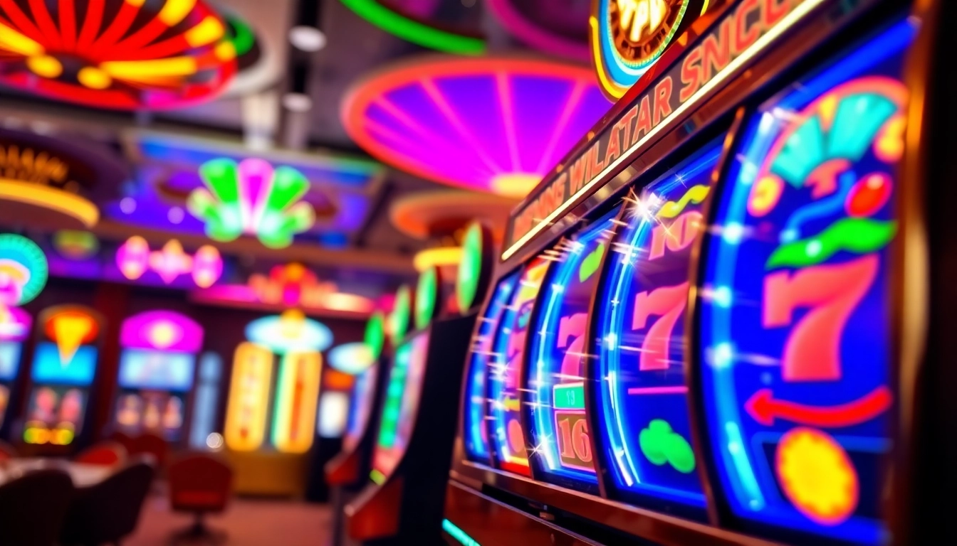 Permainan Slot Game yang menarik dengan gulungan berwarna-warni dan suasana kasino yang hidup.