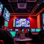 Engaging scene of online Betting with players and live sports odds displayed.