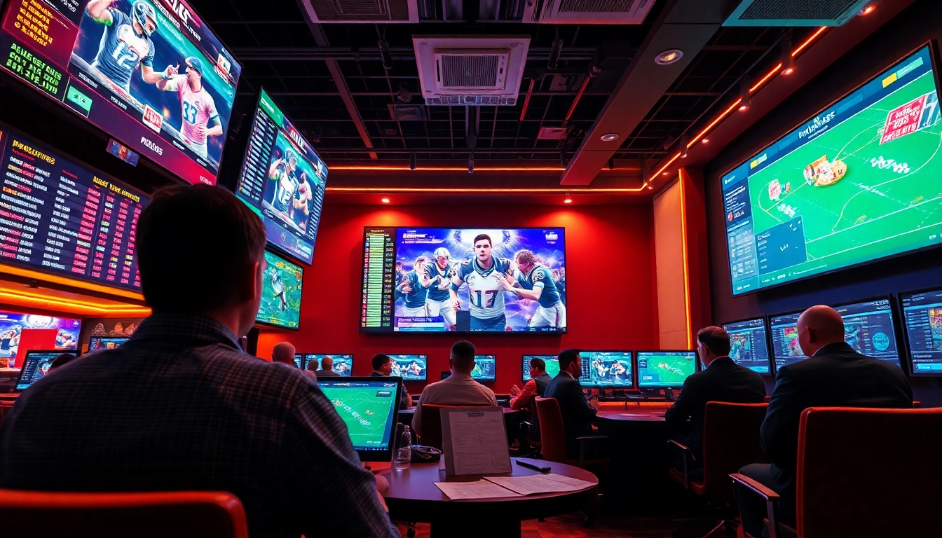 Engaging scene of online Betting with players and live sports odds displayed.