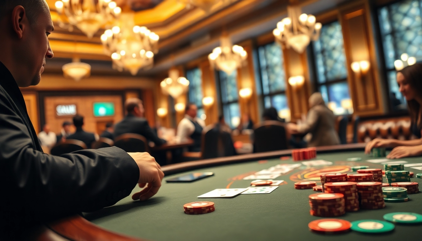 Casino gaming table with vibrant chips and cards surrounded by elegant decor.