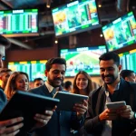 Engaged bettors participating in sports betting with live odds displayed in a modern sportsbook.