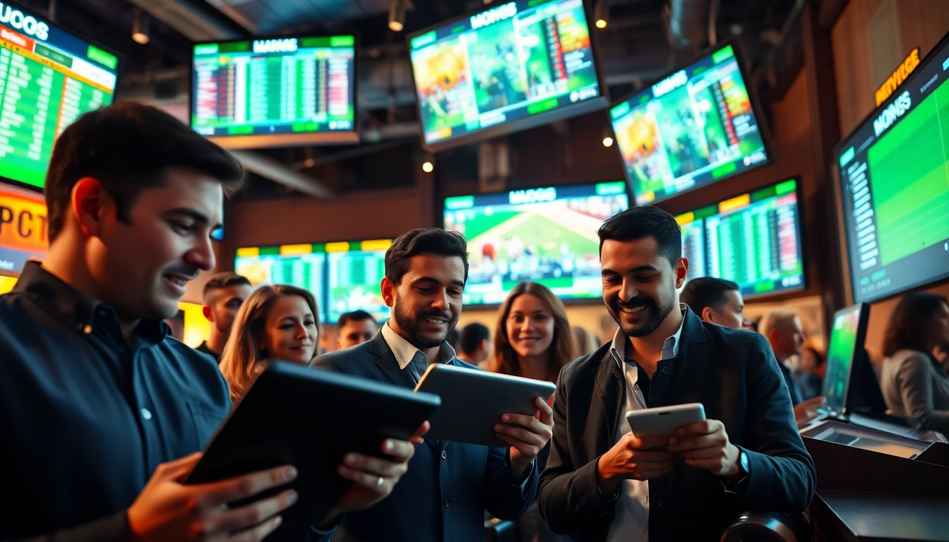 Engaged bettors participating in sports betting with live odds displayed in a modern sportsbook.