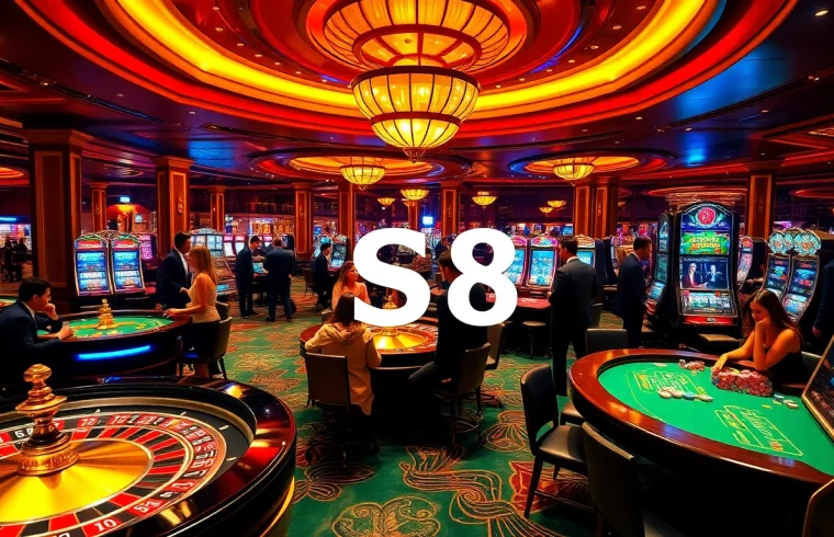 S8 casino players enjoying a thrilling game of poker and spinning roulette in an elegant atmosphere.