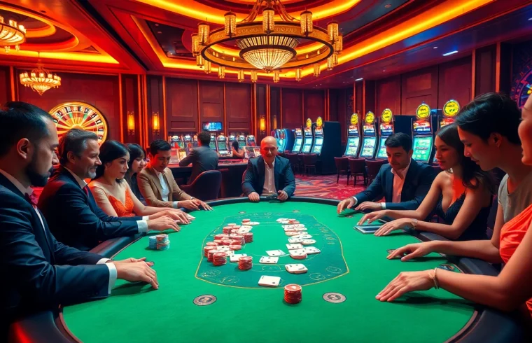 Experience the thrill of chơi game mmoo at an exciting poker table with vibrant chips.