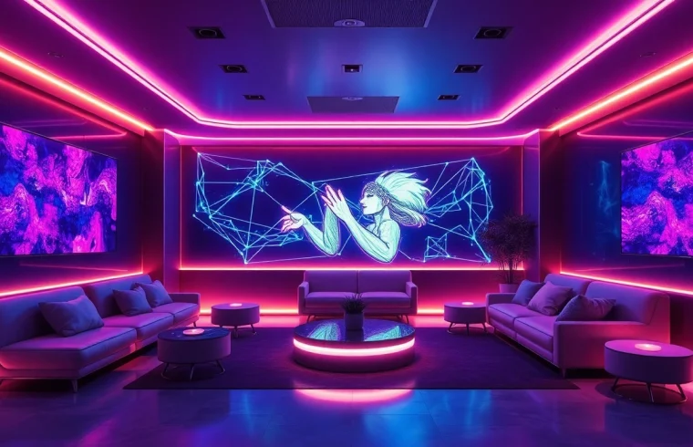 Engaging AI nsfw virtual lounge with ambient lighting and modern aesthetics.