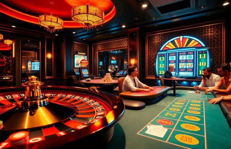 Excited players at poker and roulette tables, celebrating wins at https://mb668.co/ in a luxurious casino environment.