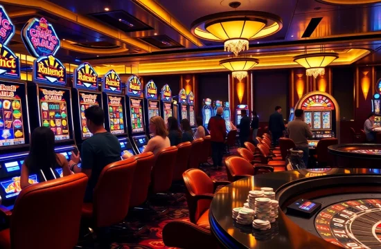 Players enjoying slot machines in a lively casino atmosphere with vibrant lighting and excitement.