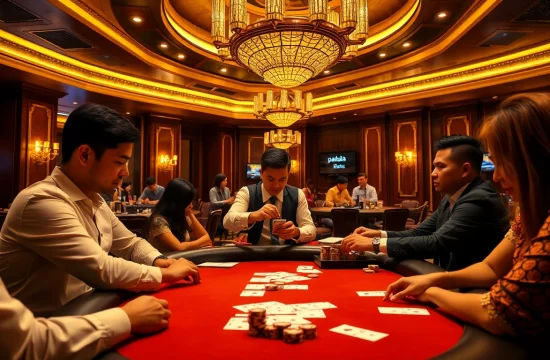 Pahala4d players strategizing during a high-stakes poker game in a luxurious casino.