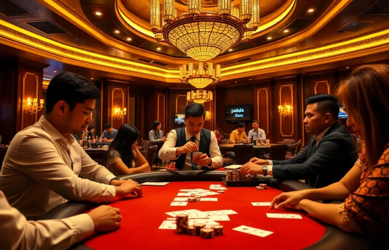 Pahala4d players strategizing during a high-stakes poker game in a luxurious casino.