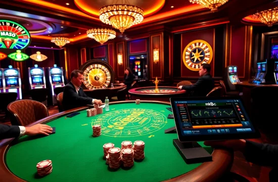 Experience lively poker gameplay and vibrant casino atmosphere from https://mk8.ac/ featuring poker tables and slot machines.