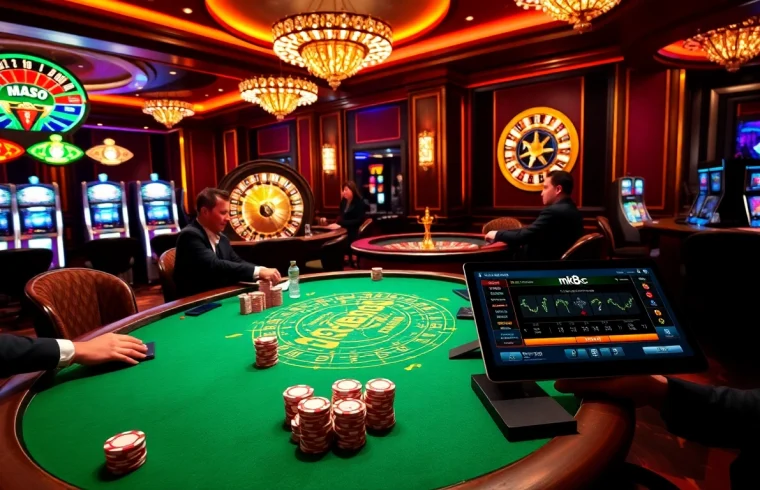 Experience lively poker gameplay and vibrant casino atmosphere from https://mk8.ac/ featuring poker tables and slot machines.